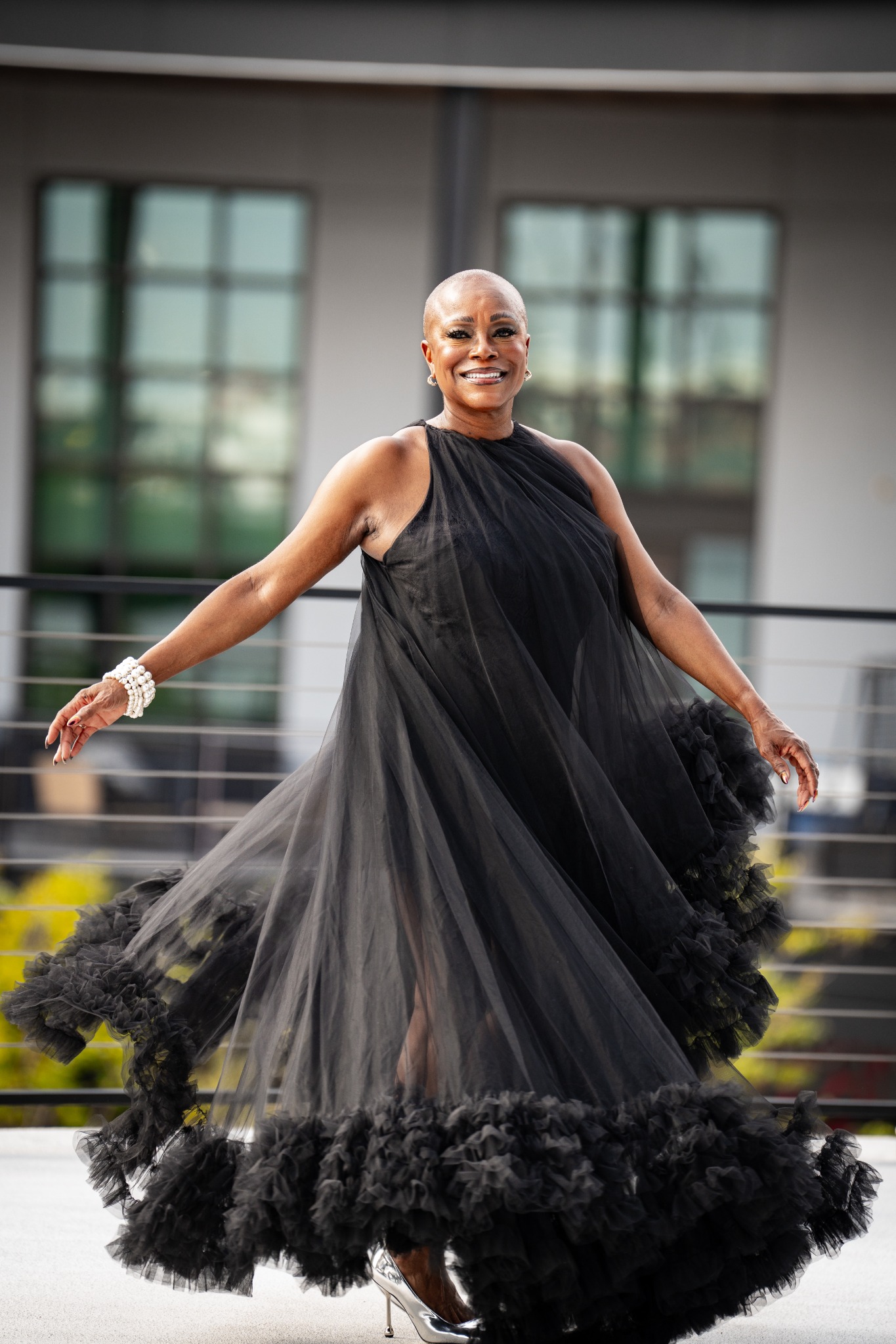 Sheila Bruce in an elegant black dress
