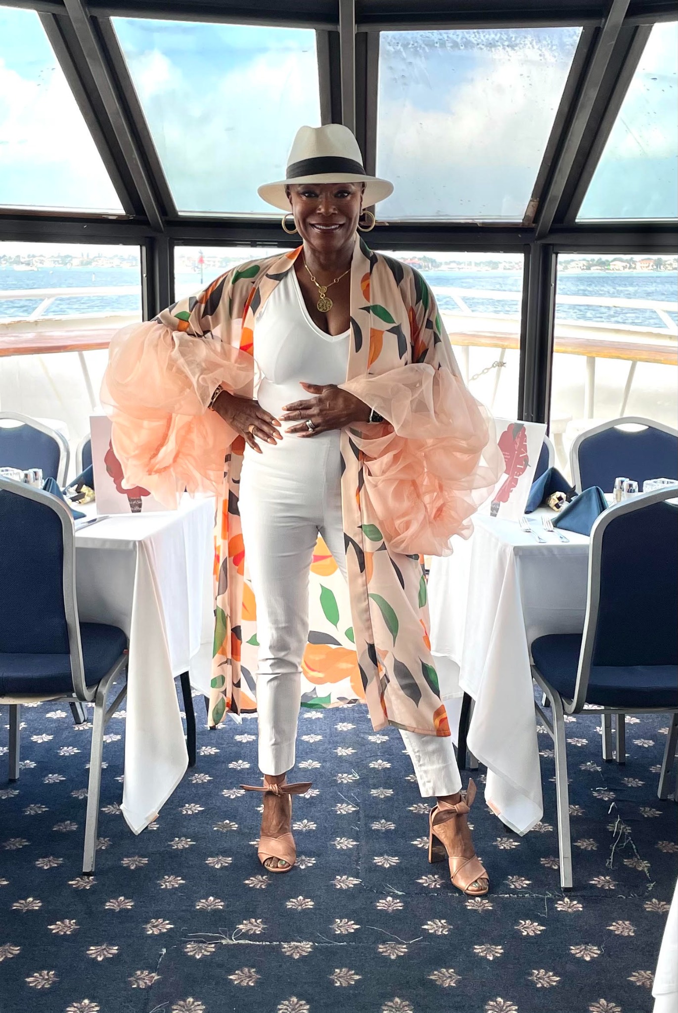 Sheila Bruce hosting on a boat